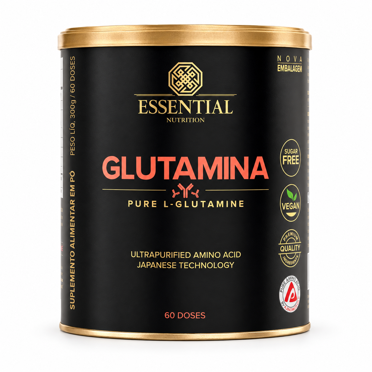 Glutamina Essential Nutrition, embalagem preta e dourada com 60 doses