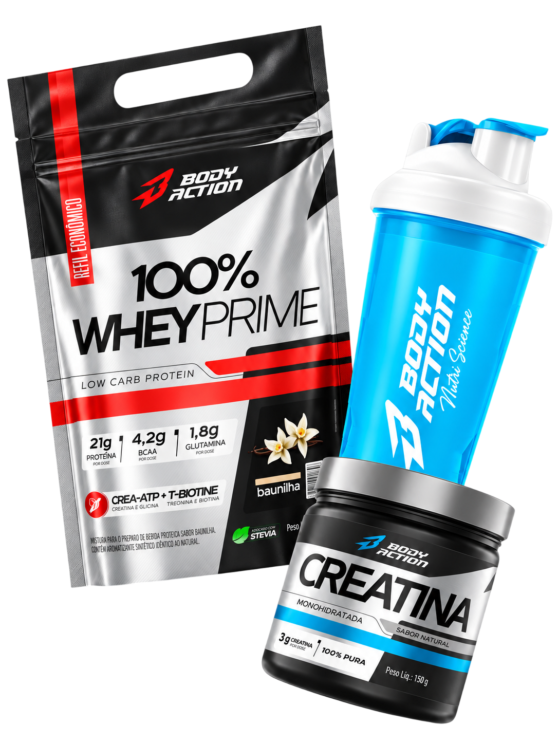 Kit Iniciante Body Action com 100% Whey Prime, Creatina e coqueteleira em composição flutuante
